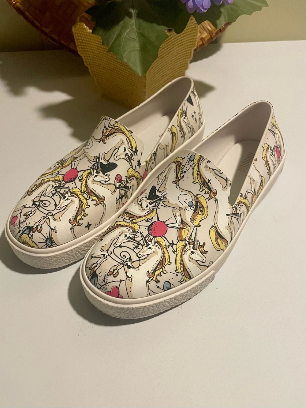 Melissa White Unicorn Print Slip-On Sneakers